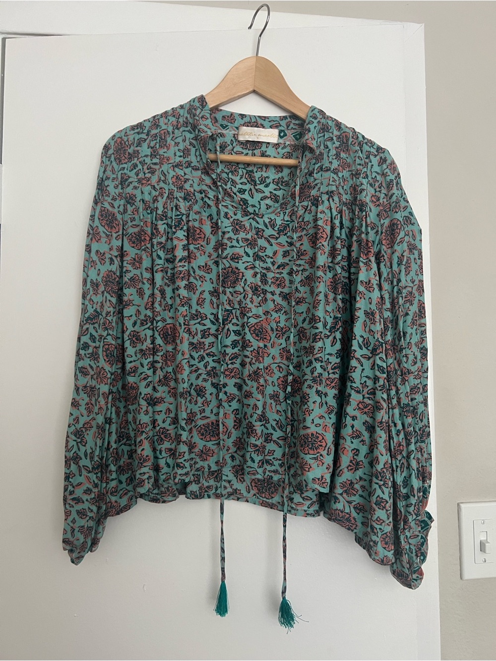 Natalie Martin Sage Green Floral Peasant Blouse Small Boho Tassel Tie Top